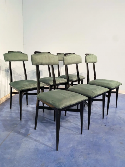 Italian Mid Century Black and Green Color Dining Chairs Set of Six 1950s