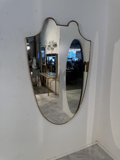 Italian Mid Century Brass Framed Shield Form Wall Mirror 1950s