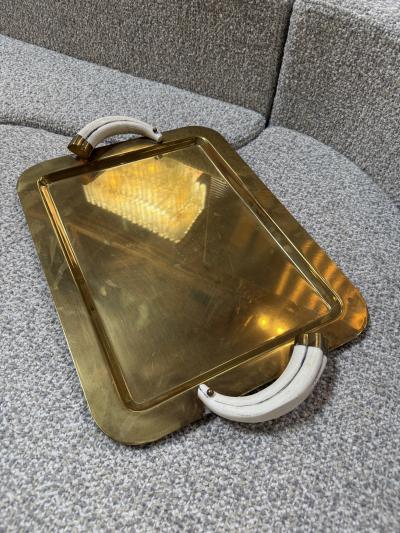 Italian Mid Century Brass Serving Tray with Tusk Handles 1970s