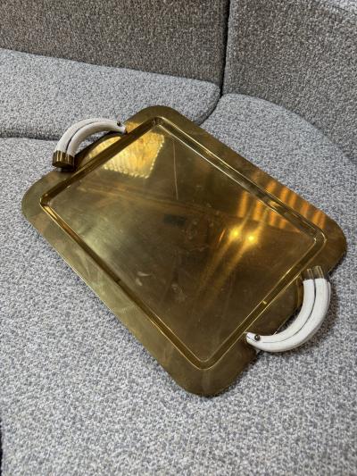 Italian Mid Century Brass Serving Tray with Tusk Handles 1970s