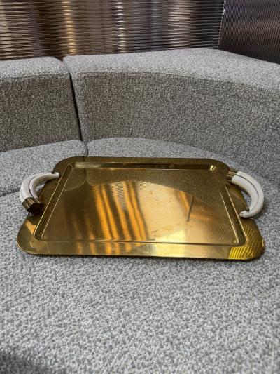 Italian Mid Century Brass Serving Tray with Tusk Handles 1970s