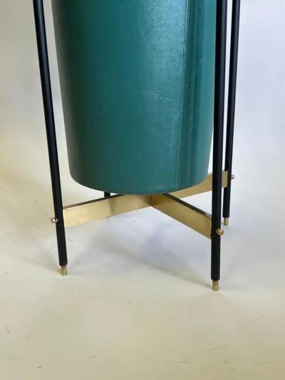 Italian Mid Century Brass Stitched Faux Leather Umbrella Stand or Trash Bin 