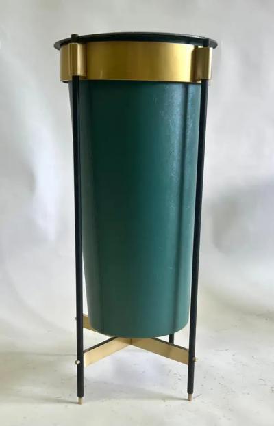 Italian Mid Century Brass Stitched Faux Leather Umbrella Stand or Trash Bin 