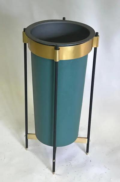 Italian Mid Century Brass Stitched Faux Leather Umbrella Stand or Trash Bin 