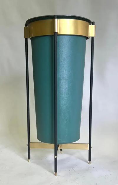 Italian Mid Century Brass Stitched Faux Leather Umbrella Stand or Trash Bin 