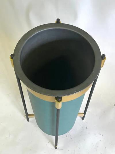Italian Mid Century Brass Stitched Faux Leather Umbrella Stand or Trash Bin 