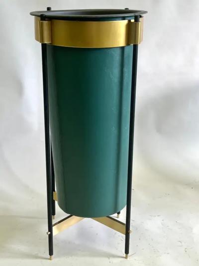 Italian Mid Century Brass Stitched Faux Leather Umbrella Stand or Trash Bin 