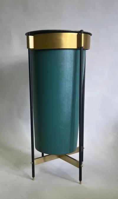 Italian Mid Century Brass Stitched Faux Leather Umbrella Stand or Trash Bin 
