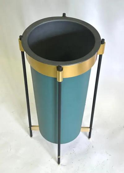Italian Mid Century Brass Stitched Faux Leather Umbrella Stand or Trash Bin 