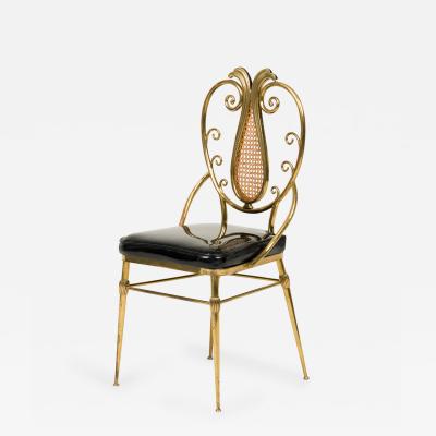 Italian Mid Century Brass and Black Patent Leather Scroll Back Side Chair