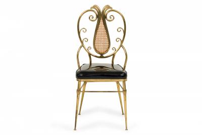 Italian Mid Century Brass and Black Patent Leather Scroll Back Side Chair