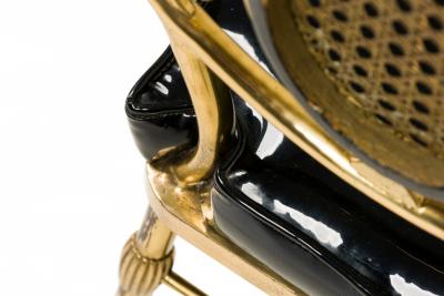 Italian Mid Century Brass and Black Patent Leather Scroll Back Side Chair
