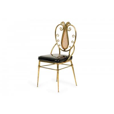 Italian Mid Century Brass and Black Patent Leather Scroll Back Side Chair
