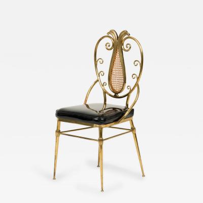 Italian Mid Century Brass and Black Patent Leather Scroll Back Side Chair