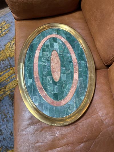 Italian Mid Century Brass and Stone Inlay Oval Tray 1970s