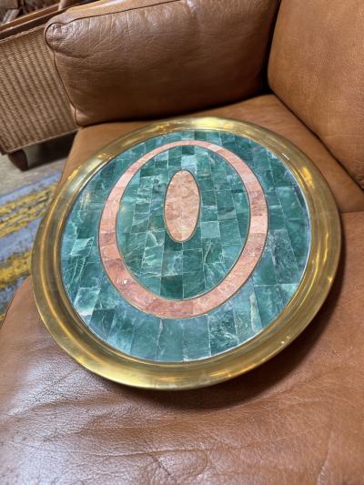 Italian Mid Century Brass and Stone Inlay Oval Tray 1970s