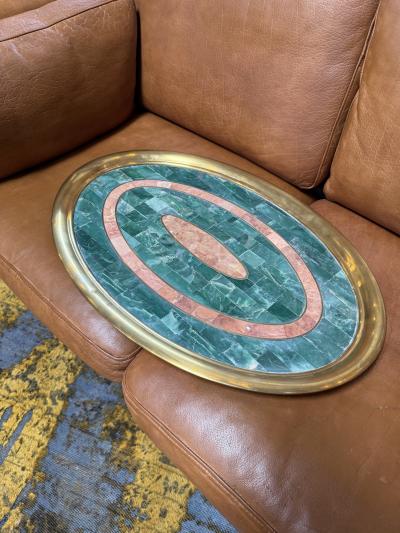 Italian Mid Century Brass and Stone Inlay Oval Tray 1970s