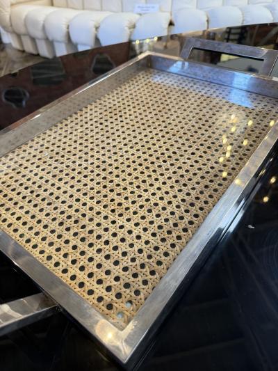 Italian Mid Century Chrome and Vienna Cane Serving Tray 1970s