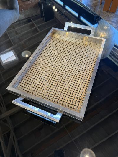 Italian Mid Century Chrome and Vienna Cane Serving Tray 1970s