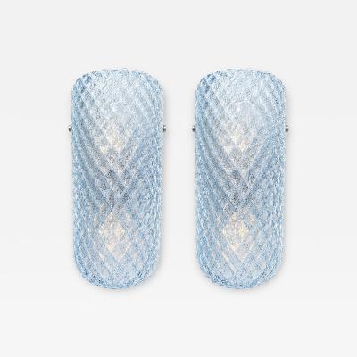 Italian Mid Century Light Blue Rhombus Murano Glass Wall Sconces Set of 2