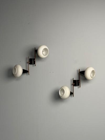 Italian Mid Century Modern Adjustable Wall Sconces Brass Opaline Glass 1960s