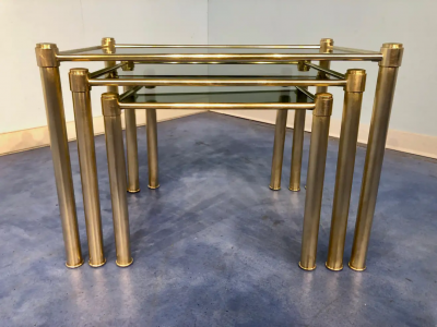 Italian Mid Century Modern Brass and Smoked Glass Nesting Tables 1970s