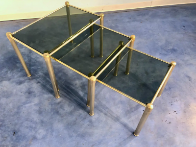 Italian Mid Century Modern Brass and Smoked Glass Nesting Tables 1970s