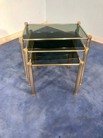 Italian Mid Century Modern Brass and Smoked Glass Nesting Tables 1970s