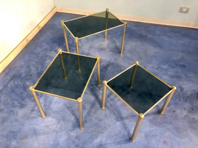 Italian Mid Century Modern Brass and Smoked Glass Nesting Tables 1970s