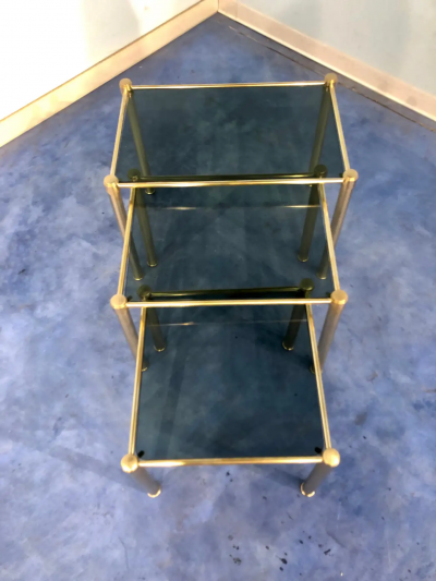 Italian Mid Century Modern Brass and Smoked Glass Nesting Tables 1970s