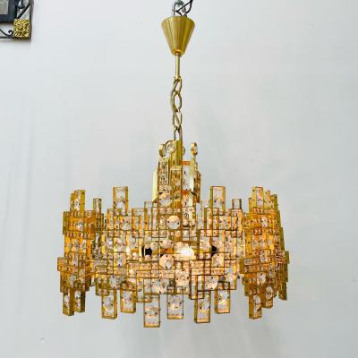 Italian Mid Century Modern Chandelier Pendant Brass City by Gaetano Sciolari