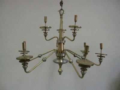 Italian Mid Century Modern Design Double Level Chandelier in Brass Nickel