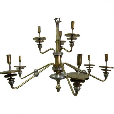 Italian Mid Century Modern Design Double Level Chandelier in Brass Nickel