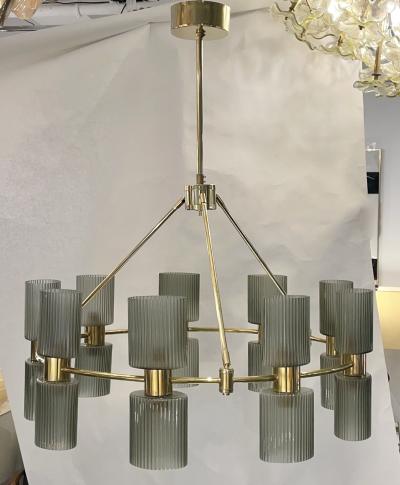 Italian Mid Century Modern Design Smoked Green Murano Glass Brass Chandelier
