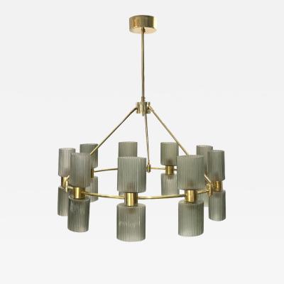 Italian Mid Century Modern Design Smoked Green Murano Glass Brass Chandelier