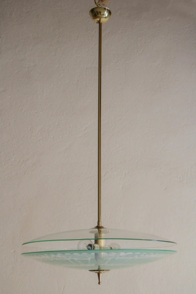 Italian Mid Century Modern Double Disc Decorated Glass Pendant Lamp 1950s