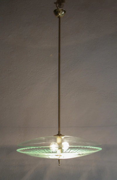 Italian Mid Century Modern Double Disc Decorated Glass Pendant Lamp 1950s