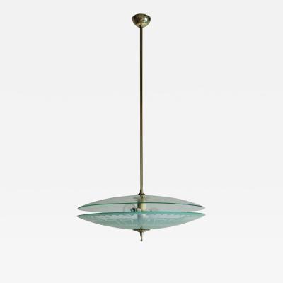 Italian Mid Century Modern Double Disc Decorated Glass Pendant Lamp 1950s