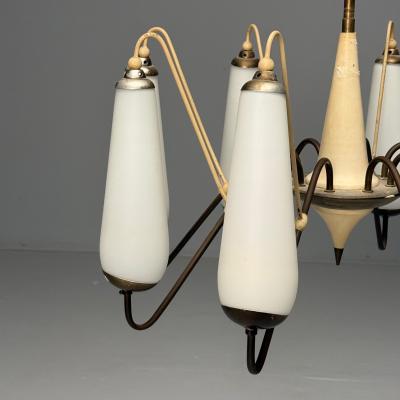 Italian Mid Century Modern Eight Light Chandelier Brass Metal Opaline Glass