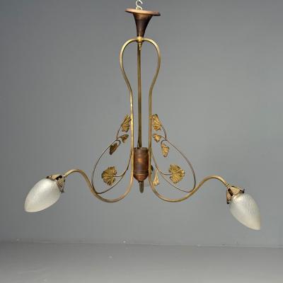 Italian Mid Century Modern Floral Chandelier Brass Copper Italy 1920s