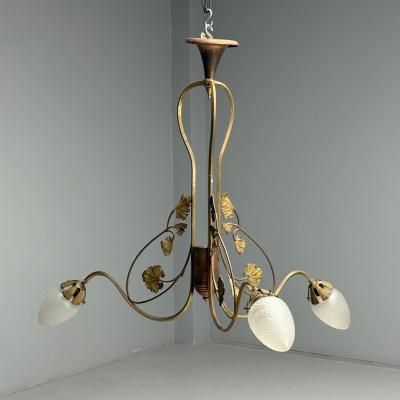 Italian Mid Century Modern Floral Chandelier Brass Copper Italy 1920s