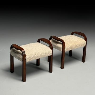 Italian Mid Century Modern Footstools Beige Shearling Mahogany Italy 1950s
