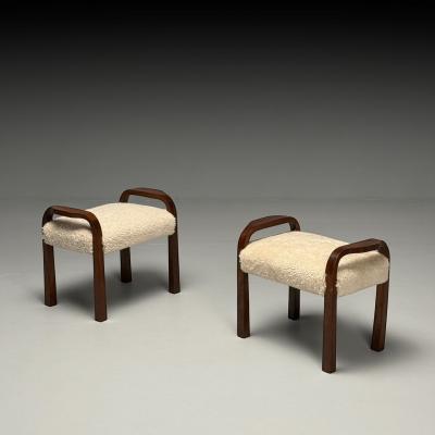 Italian Mid Century Modern Footstools Beige Shearling Mahogany Italy 1950s