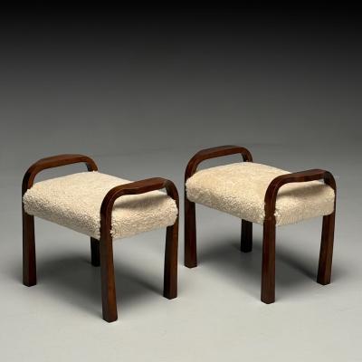 Italian Mid Century Modern Footstools Beige Shearling Mahogany Italy 1950s