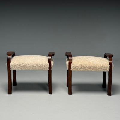 Italian Mid Century Modern Footstools Beige Shearling Mahogany Italy 1950s