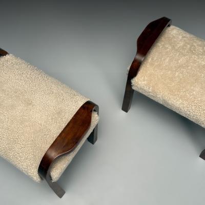 Italian Mid Century Modern Footstools Beige Shearling Mahogany Italy 1950s
