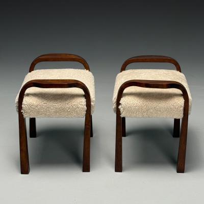 Italian Mid Century Modern Footstools Beige Shearling Mahogany Italy 1950s