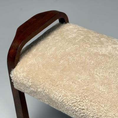 Italian Mid Century Modern Footstools Beige Shearling Mahogany Italy 1950s