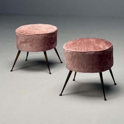 Italian Mid Century Modern Footstools Patinated Brass Pink Velvet 1950s