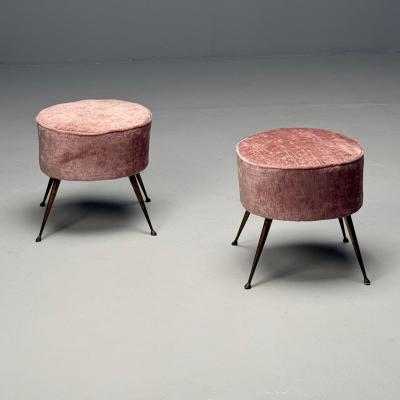 Italian Mid Century Modern Footstools Patinated Brass Pink Velvet 1950s